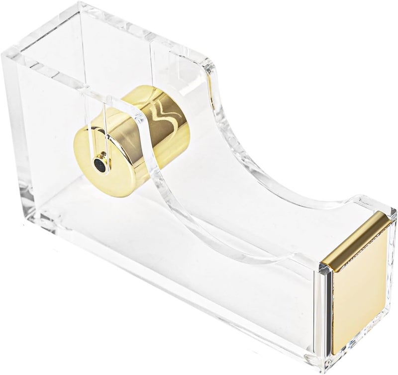 Mersper Gold Tape Dispenser, Clear Acrylic Desk Tape dispensers with Serrated Metal Edge, Modern Aesthetic Office & Craft Tape Organizer for Gift Wrapping, 1 Inch Core, Non-Slip Weighted Base - Image 1